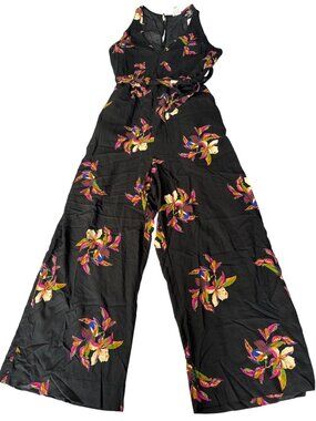 A New Day Womens Black Floral Wide-Leg Romper Size L With Tie Waist